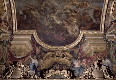 Passagem do Reno na Presença dos Inimigos 1672, pintura de teto da Galerie des Glaces de Charles Le Brun